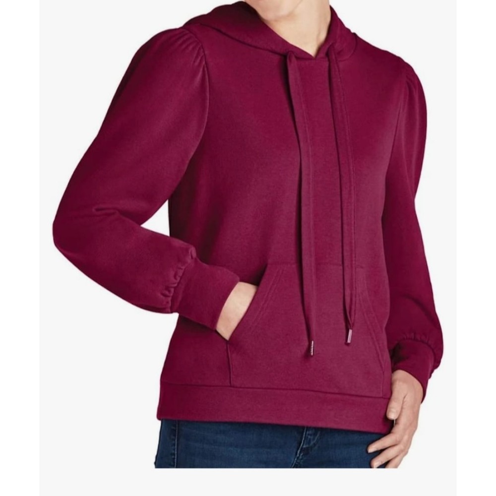 Member's Market Ladies Pullover PuffSleeve HoodieKangarooPocket Burgundy Brick S